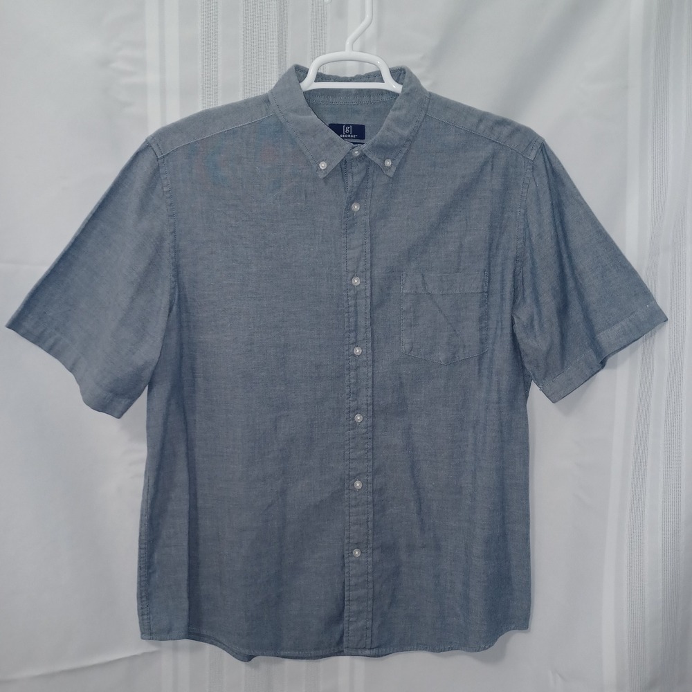 George Button Down Shirt Mens L Blue Classic Fit Short Sleeve Stretch Chambray‎